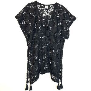 Xhilaration Floral Lace Tasseled Tie Beach Bathing Suit Black Cover-Up Medium